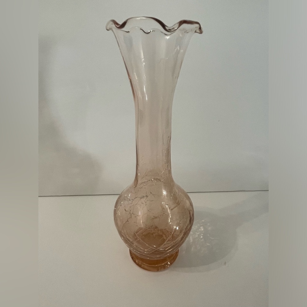 Vintage Art Glass Pink Crackled Vase 8” H Ruffled Top